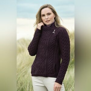 Aran Crafts Cable Knit Merino Wool Shannon Side Zip Irish Cardigan Sweater M